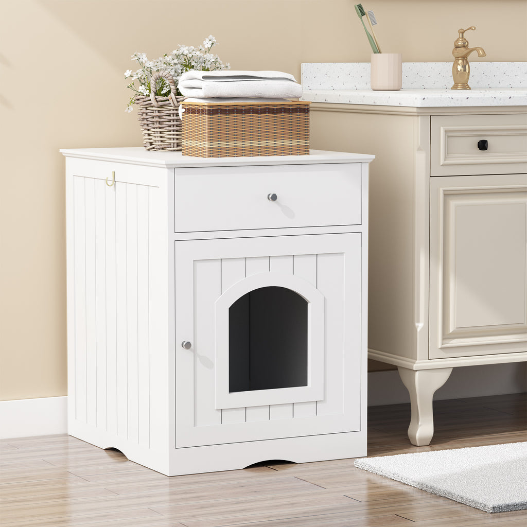 White wooden litter box enclosure with drawer and arched access panel on front