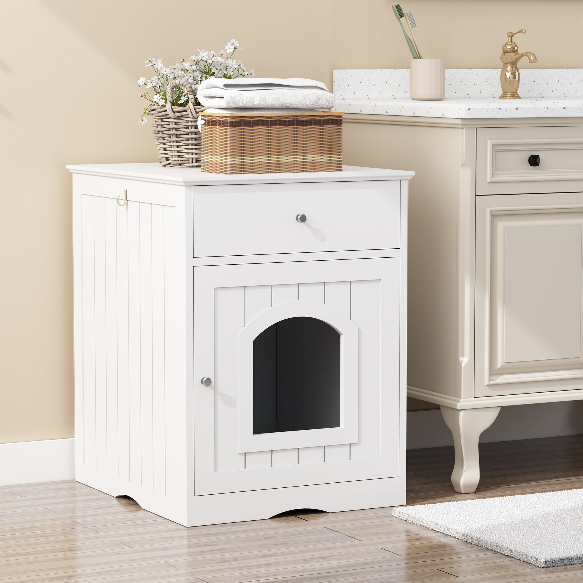 White wooden litter box enclosure with drawer and arched access panel on front