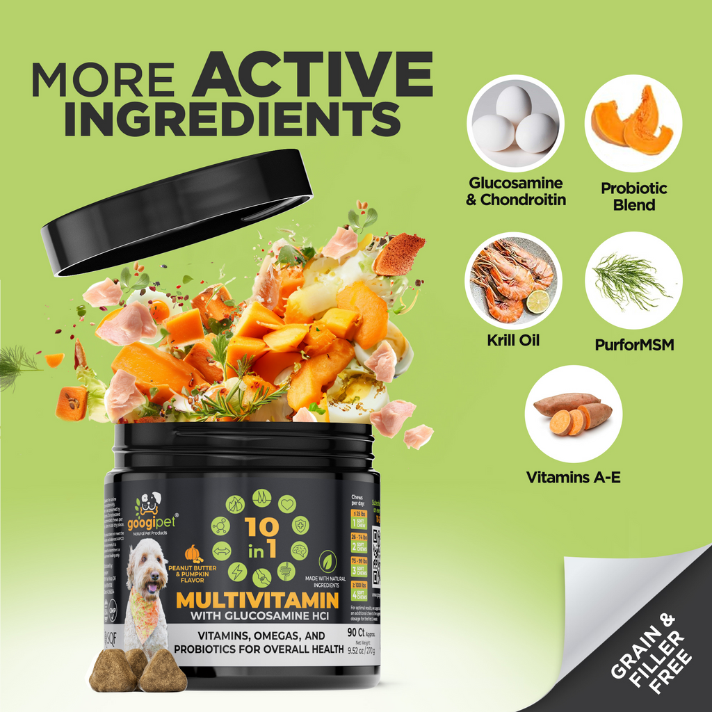 Dog multivitamin chew jar with ingredient highlights and probiotic blend icon