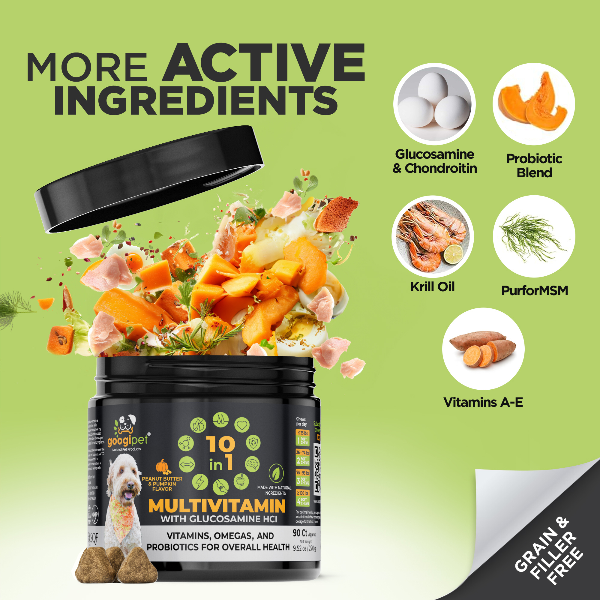 Dog multivitamin chew jar with ingredient highlights and probiotic blend icon