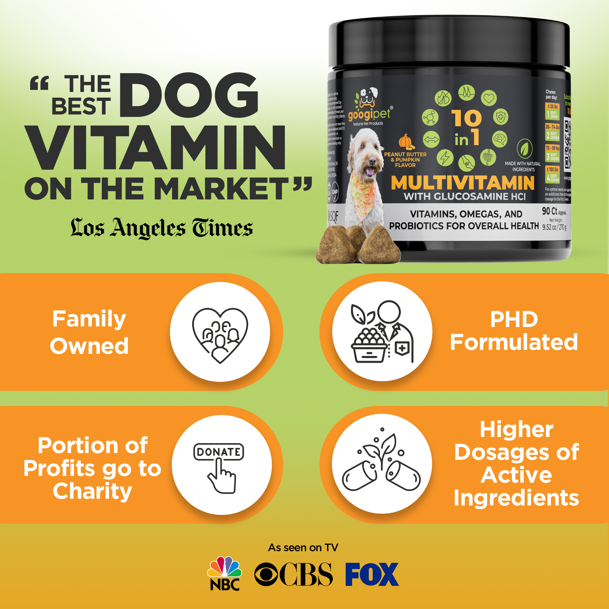 Dog multivitamin chew jar with golden dog and large 10-in-1 label