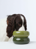 Avocado green soufflé-style pet bowl, stacked two-tier design with glossy finish