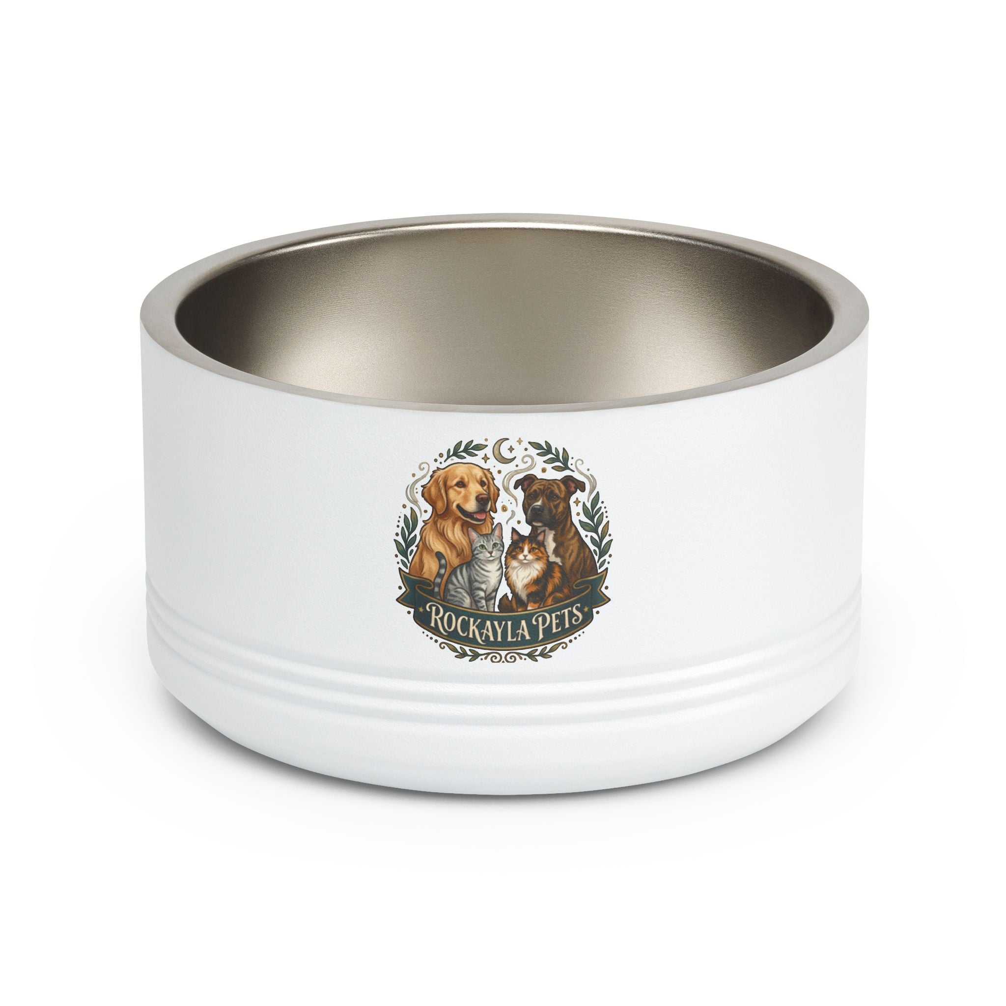 White 18oz pet bowl with stainless steel interior and Rockayla Pets logo.