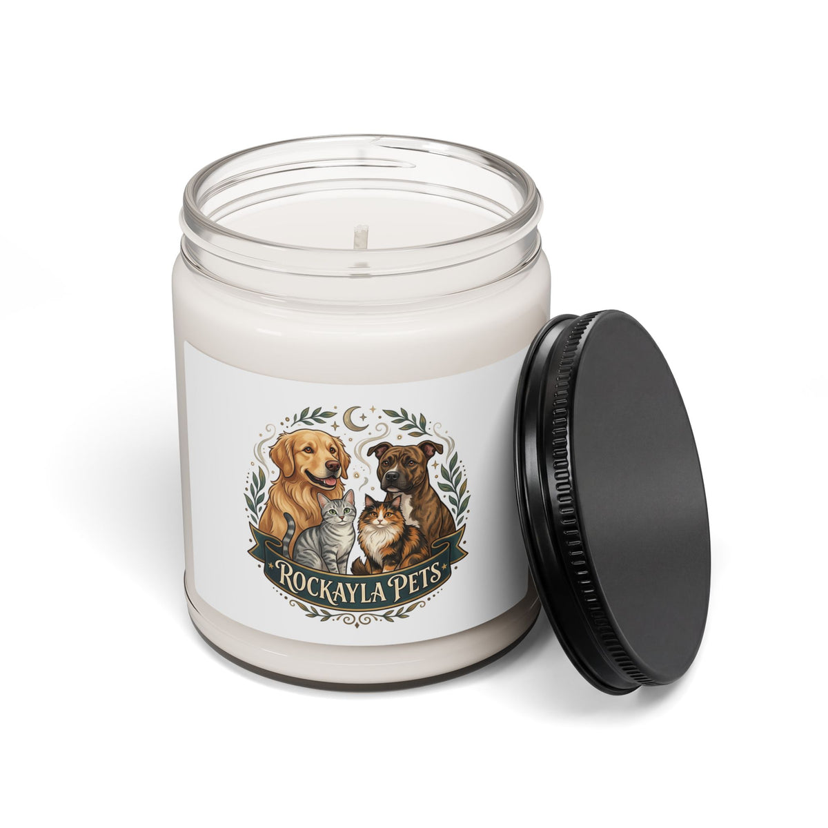 Soy candle jar with lid open to the side, RockaylaPets dog-and-cat label