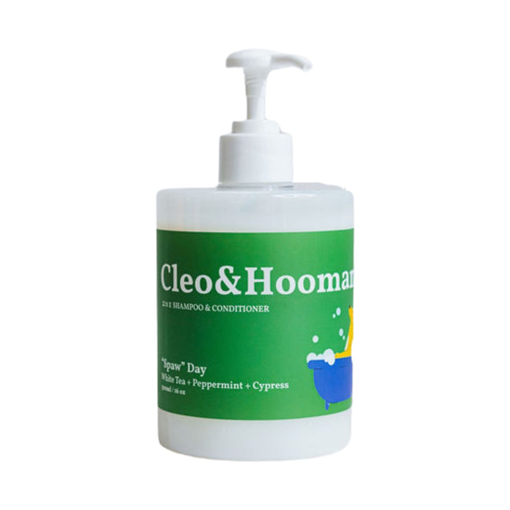 Dog shampoo and conditioner bottle, green label, white pump dispenser