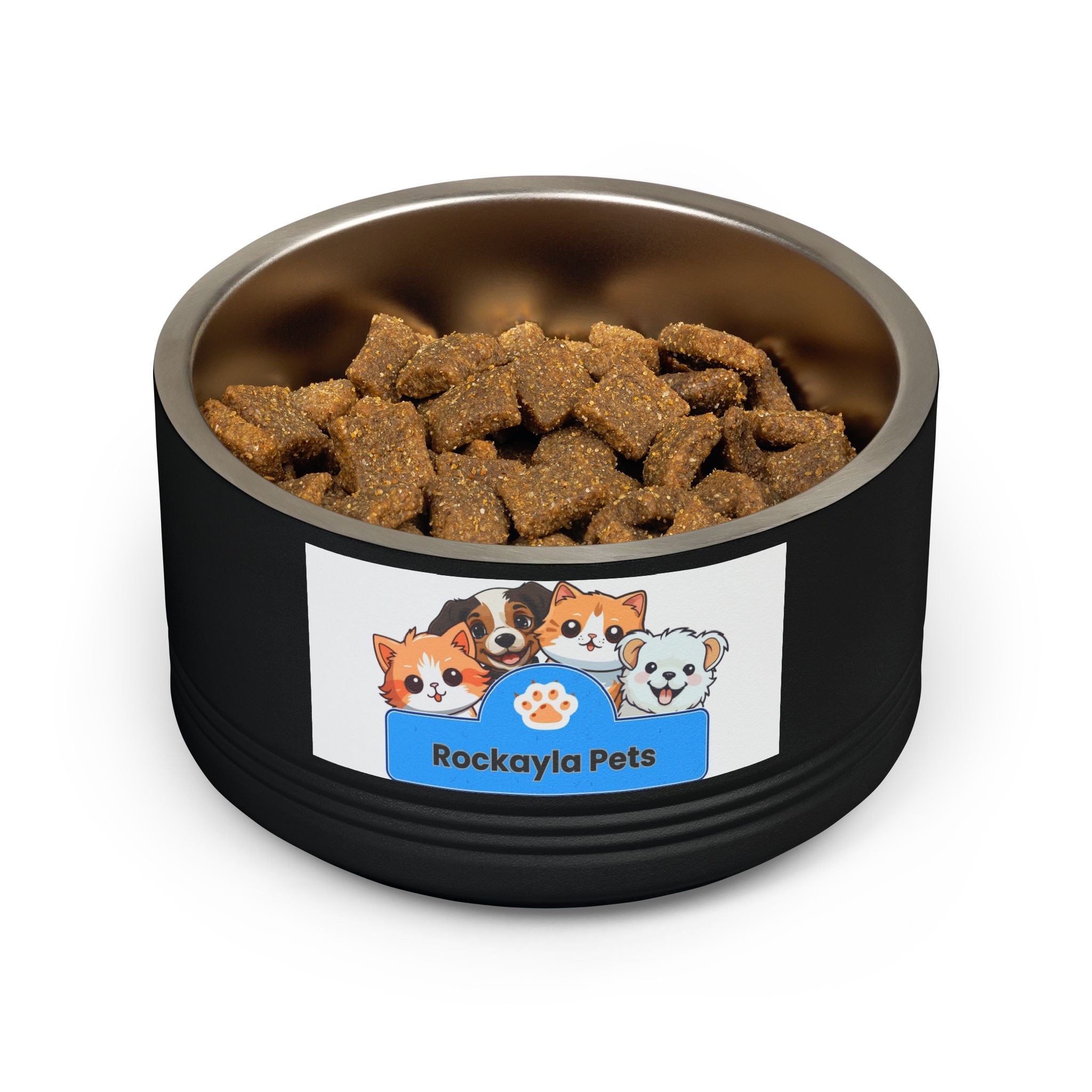 Black 18oz pet bowl filled with brown kibble; Rockayla Pets cat graphic on front.
