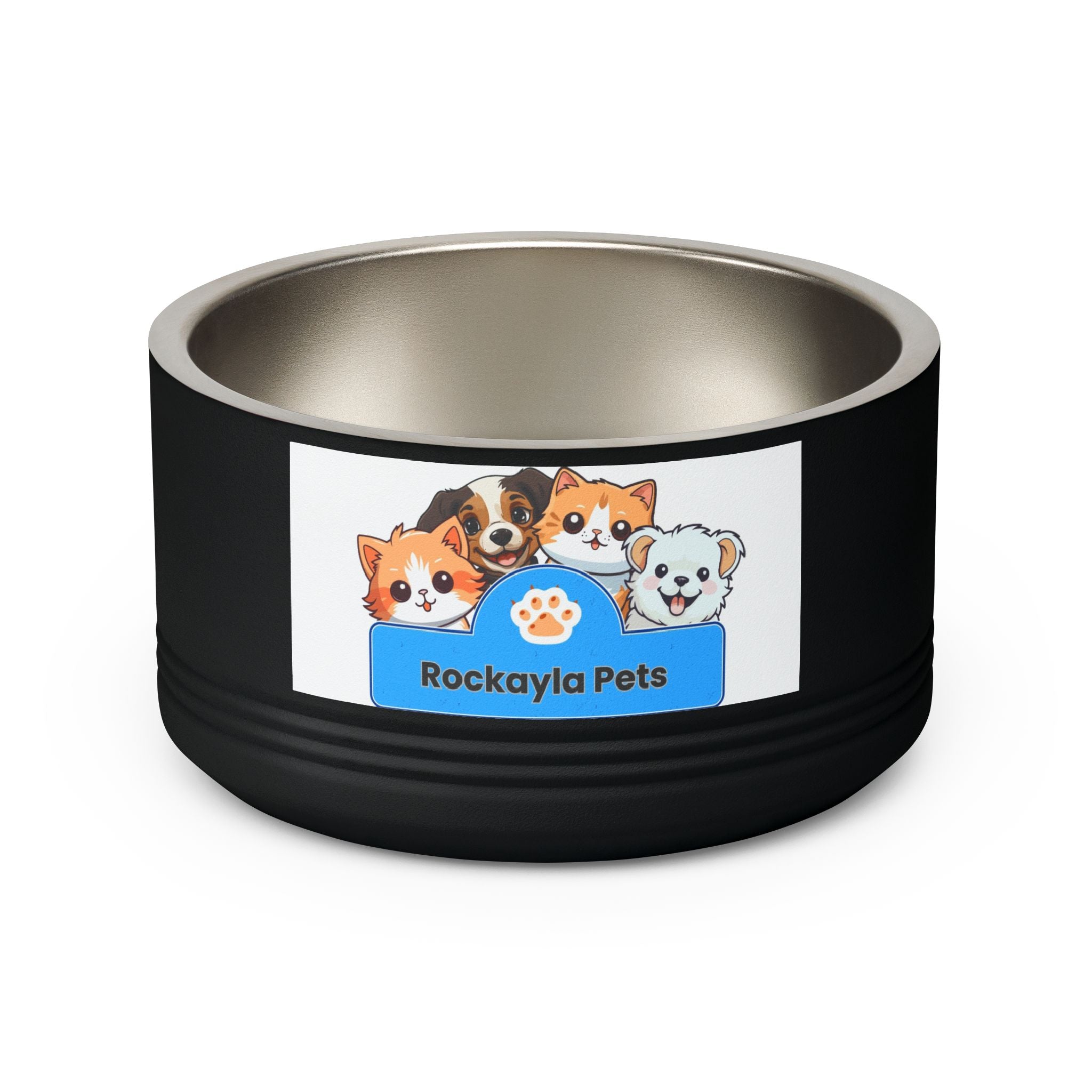 Black 18oz pet bowl with stainless steel interior and Rockayla Pets cat graphic panel.