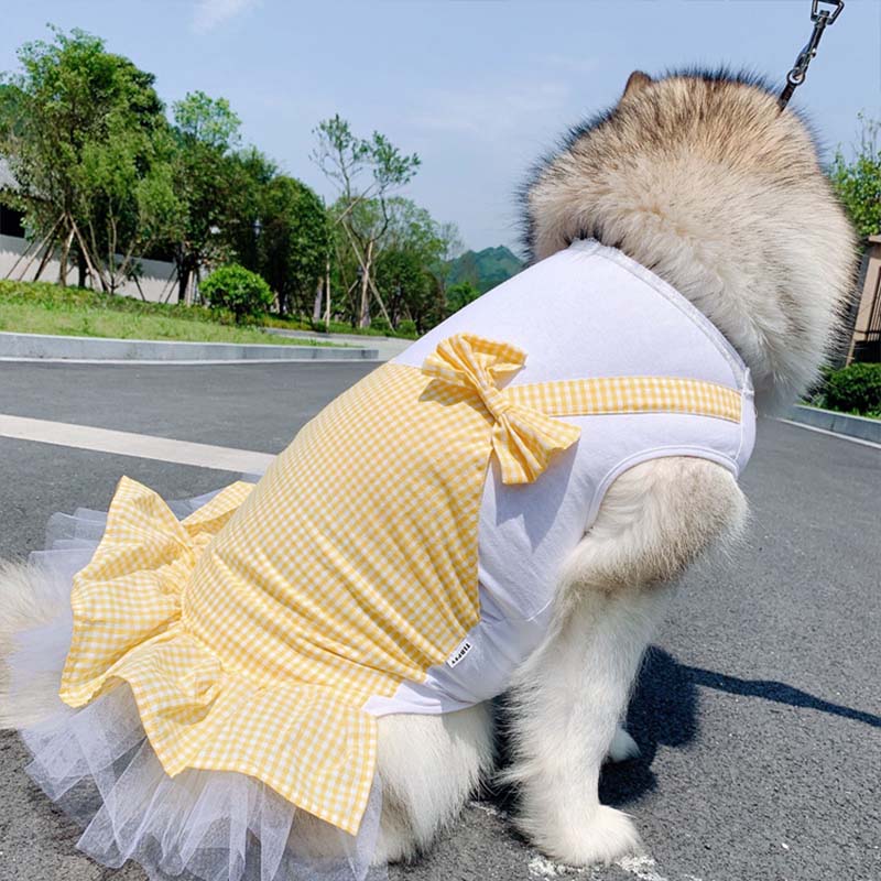 Plaid princess dog skirt dress with yellow-and-white gingham top and white tulle skirt