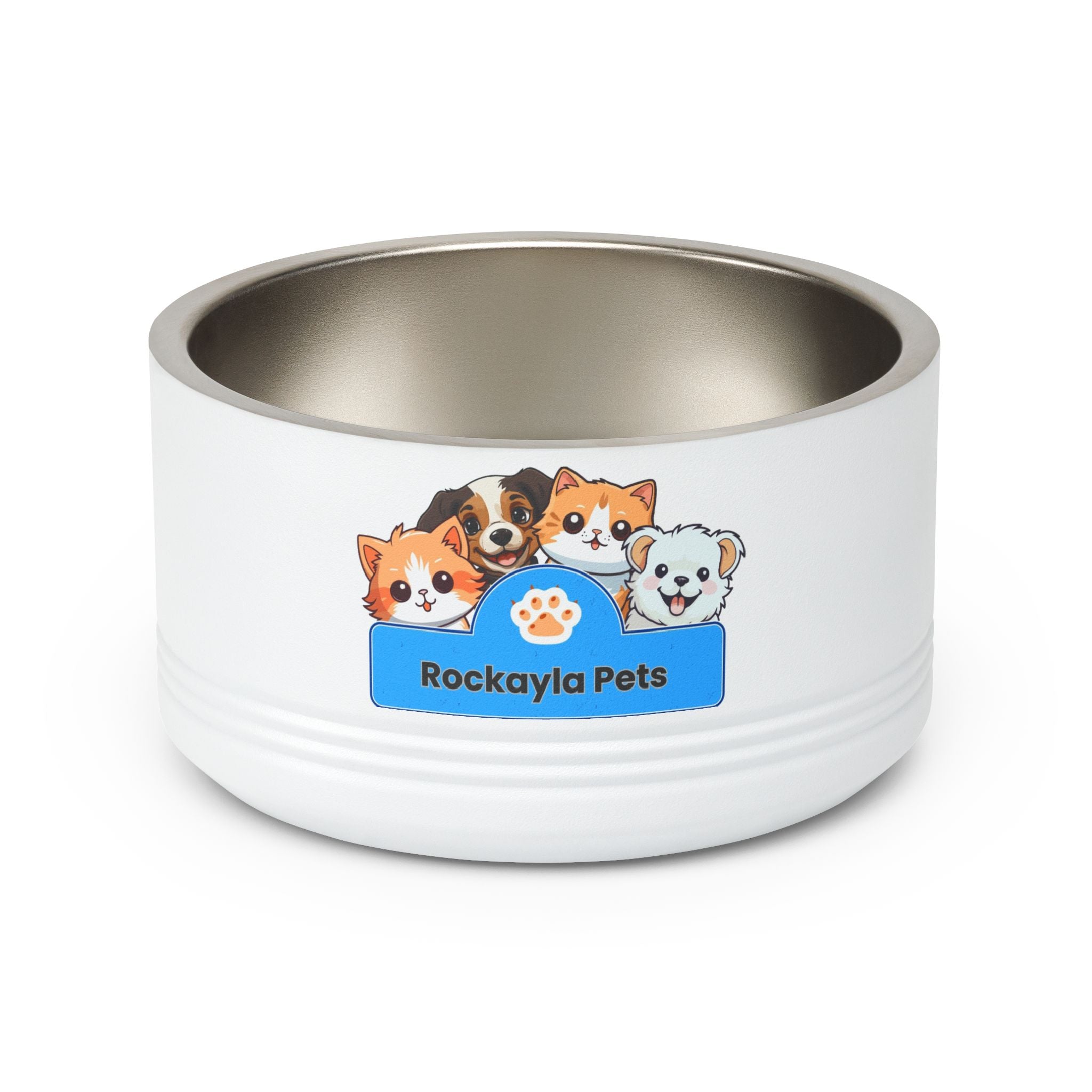 White 18oz pet bowl with stainless steel interior and Rockayla Pets cat graphic.