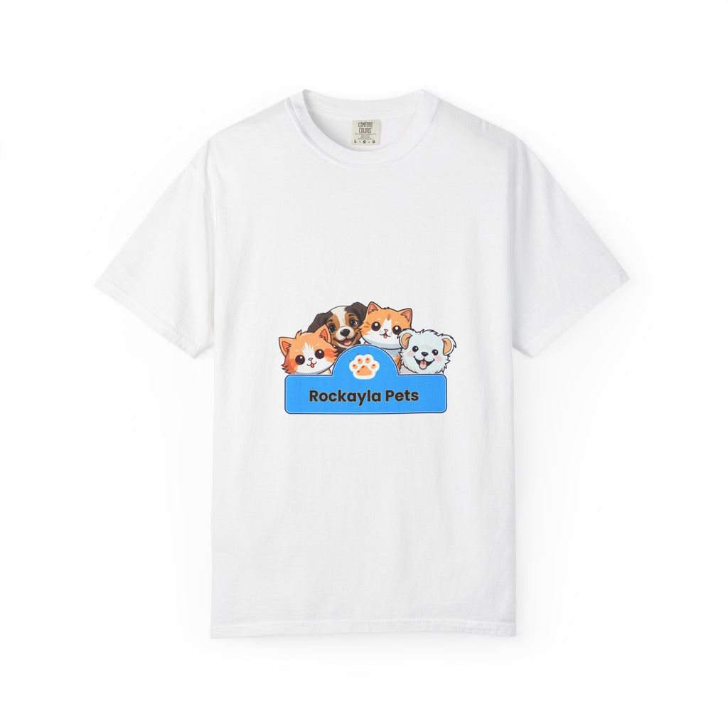 White T-shirt with cartoon puppy and kitten graphic in blue "Rockayla Pets" badge