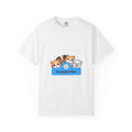 White T-shirt with cartoon puppy and kitten graphic in blue "Rockayla Pets" badge