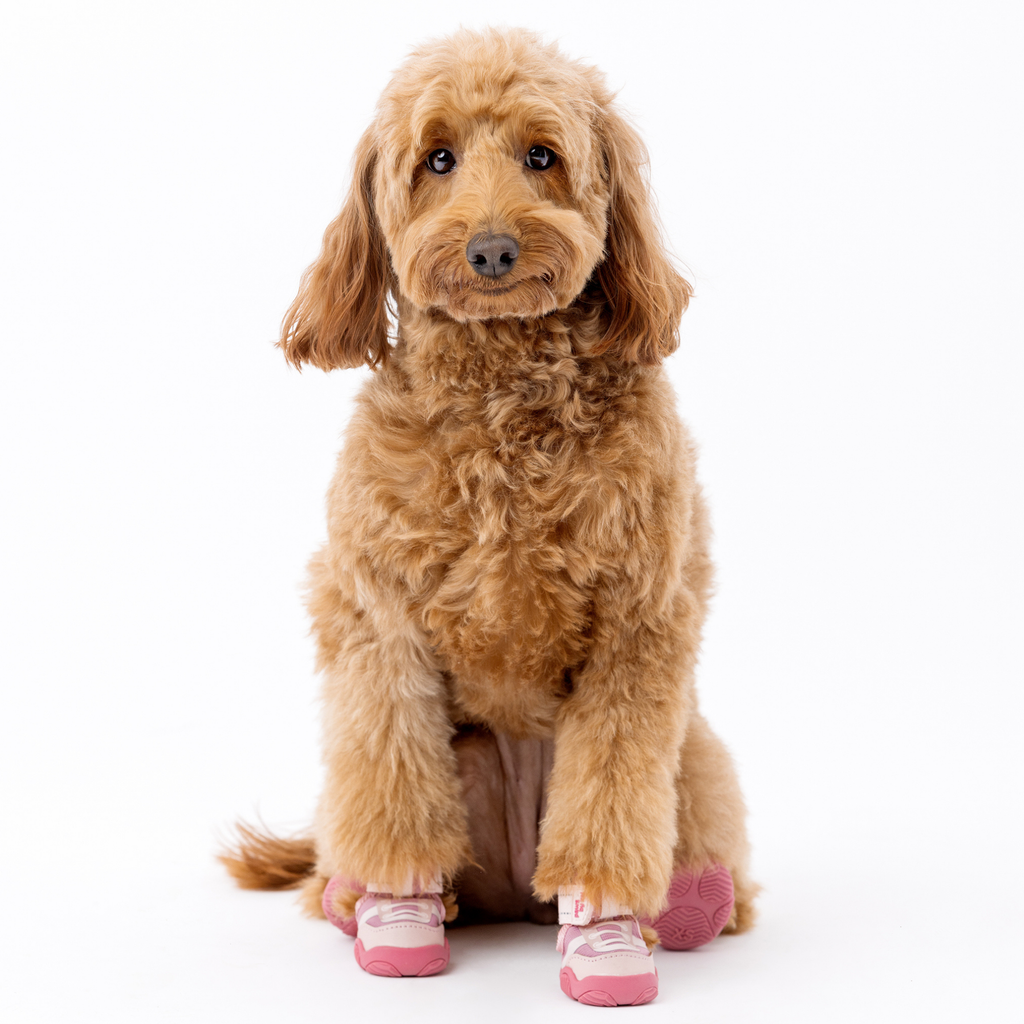 Pink dog sneaker pair with hook-and-loop straps on pet paws