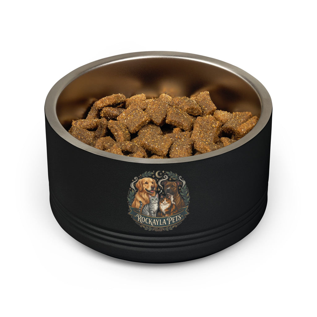 Black 18oz pet bowl filled with brown kibble; stainless steel interior, Rockayla Pets logo.