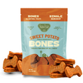 Sweet potato dog treat bones bag with orange label and dog-bone shaped treats