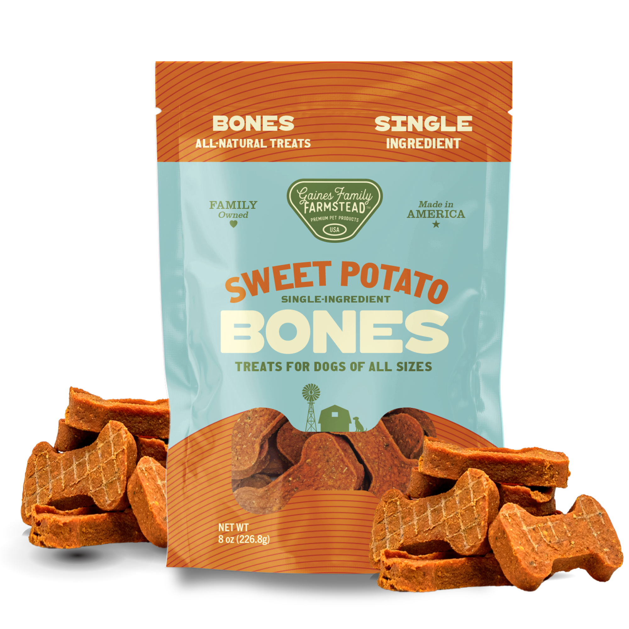 Sweet potato dog treat bones bag with orange label and dog-bone shaped treats