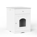 White wooden cat litter box enclosure with arched front opening and drawer above