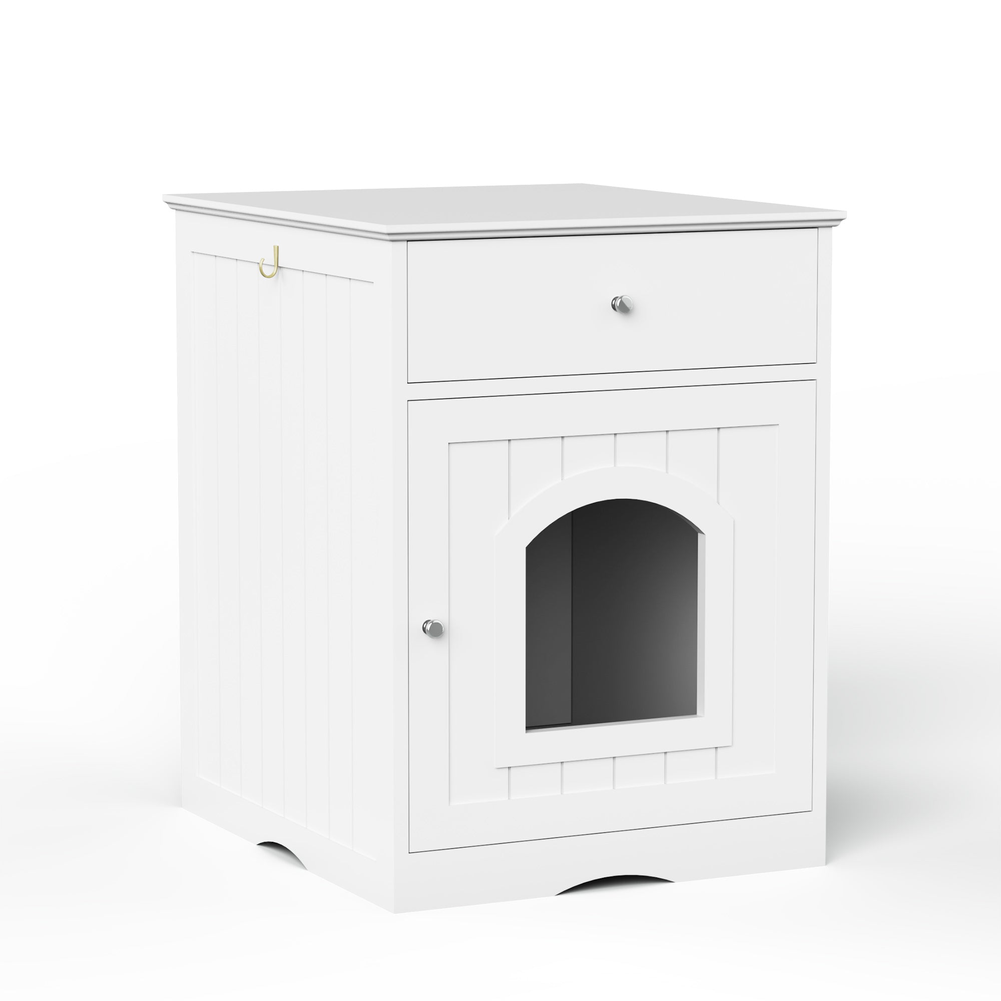 White wooden cat litter box enclosure with arched front opening and drawer above