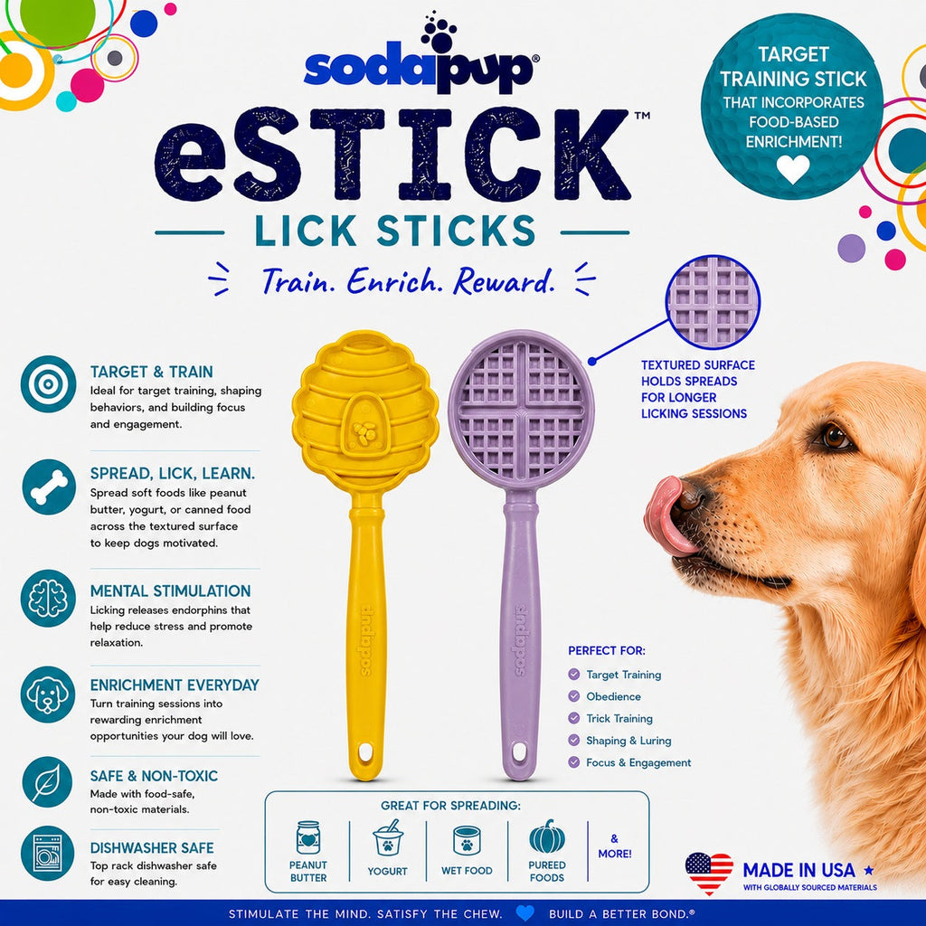 SodaPup eStick lick sticks interactive dog toy with textured yellow and purple heads
