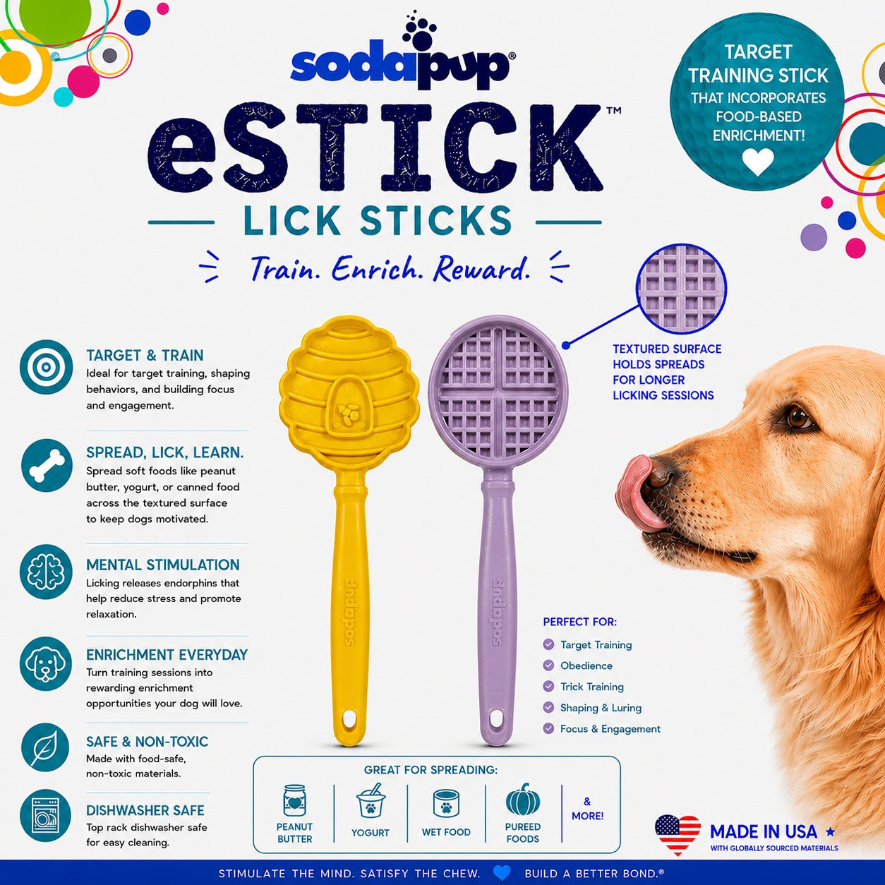 SodaPup eStick lick sticks interactive dog toy with textured yellow and purple heads