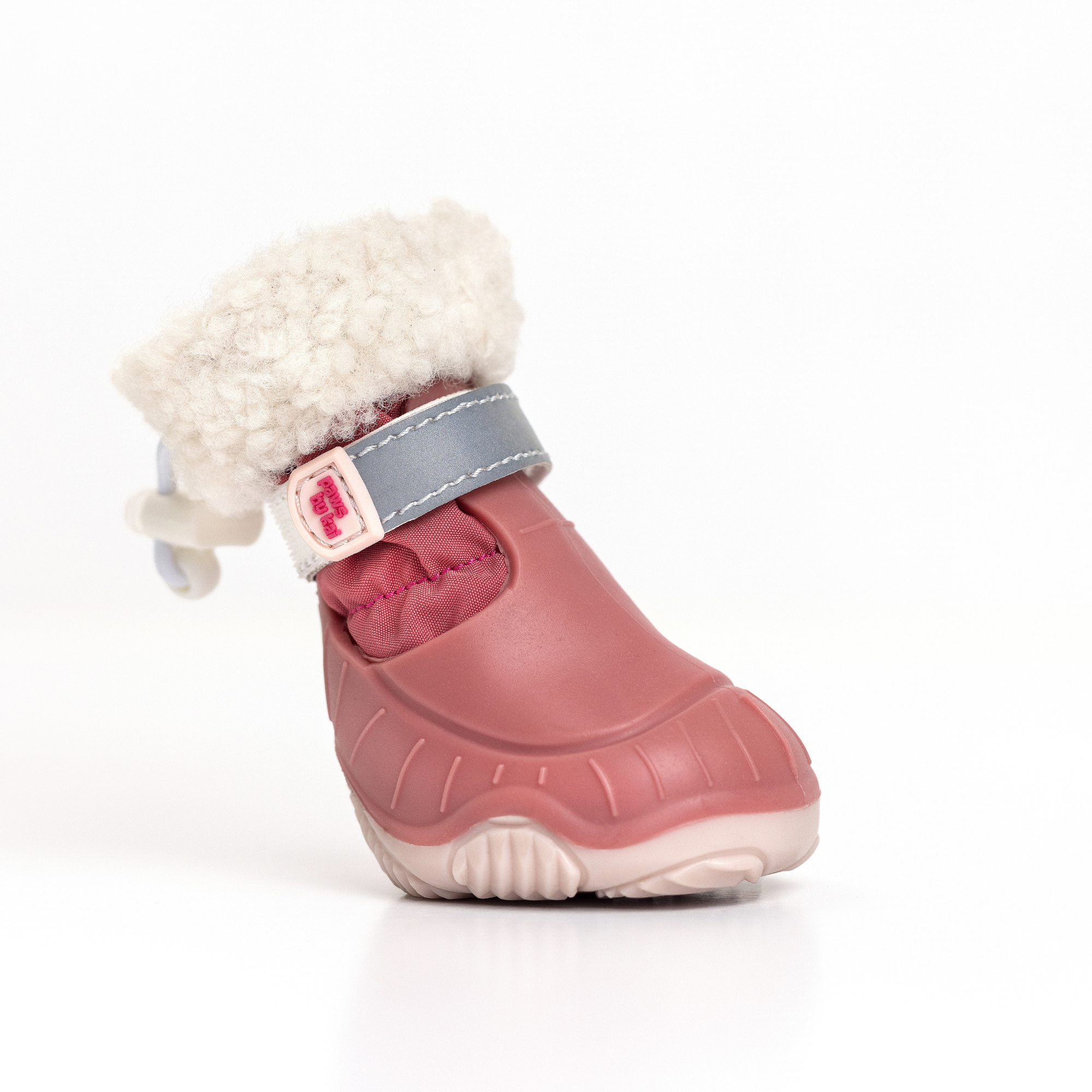 Pink dog snow boot with cream fleece cuff, gray-blue strap, and off-white tread sole