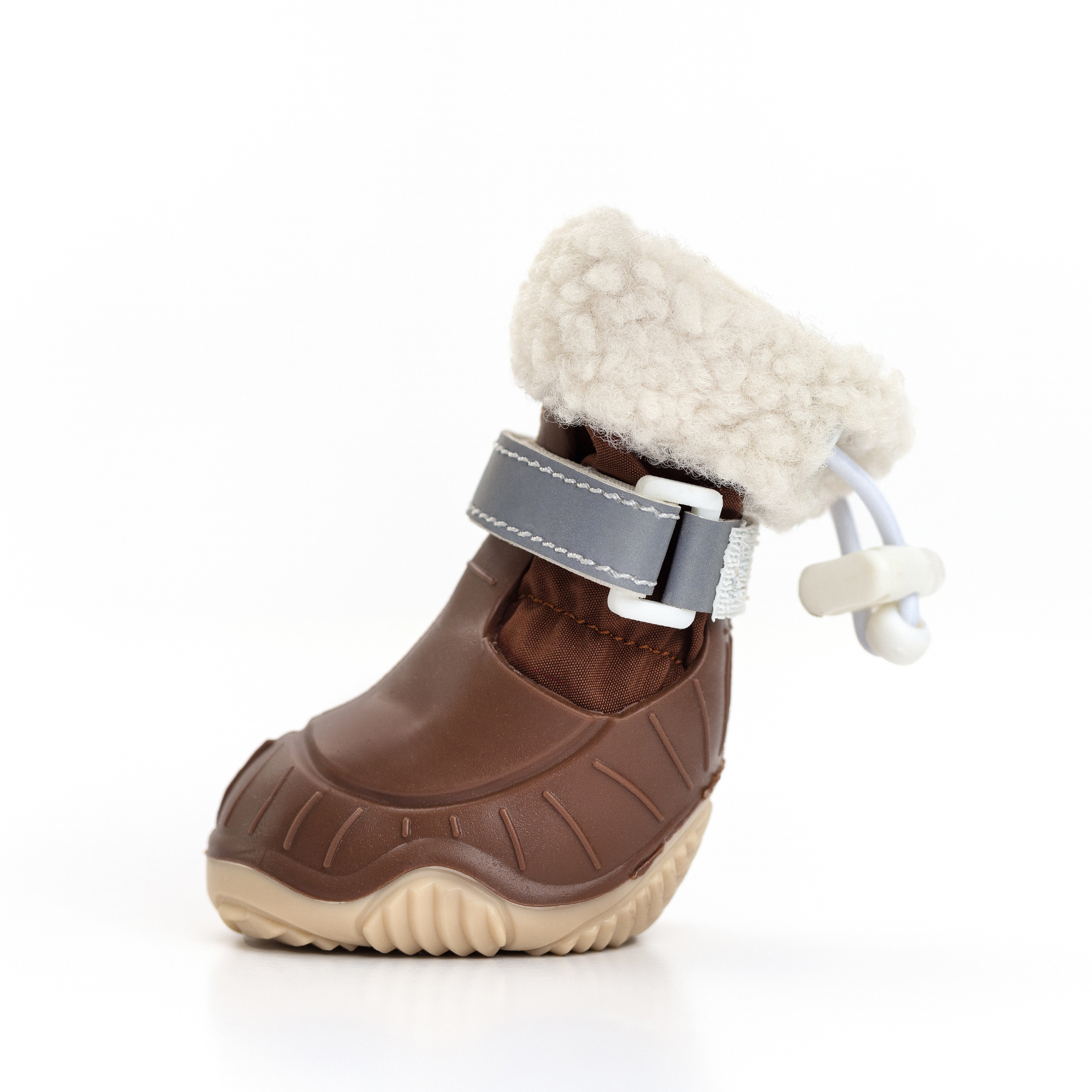 Brown dog snow boot angled side view with cream fleece cuff and gray-blue strap