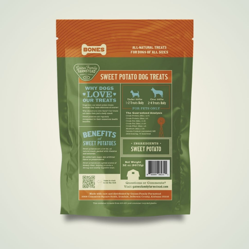 Back of sweet potato dog treat bones pouch with nutritional info and barcode