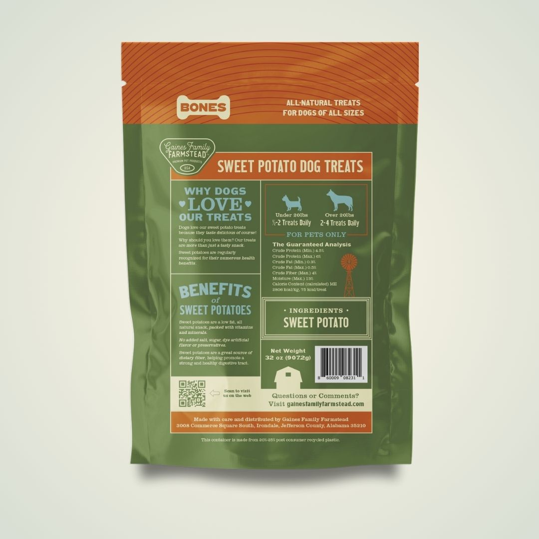 Back of sweet potato dog treat bones pouch with nutritional info and barcode
