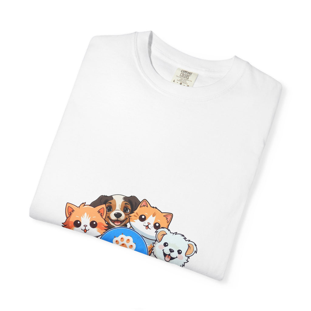 White T-shirt with close-up cartoon pet faces graphic across the chest