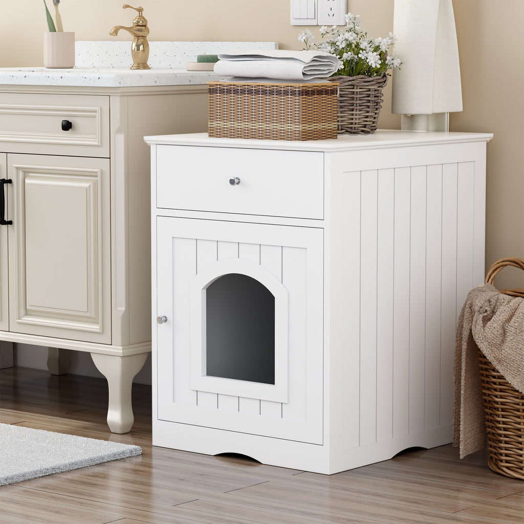 White wooden cat litter box enclosure with front door opening and side drawer