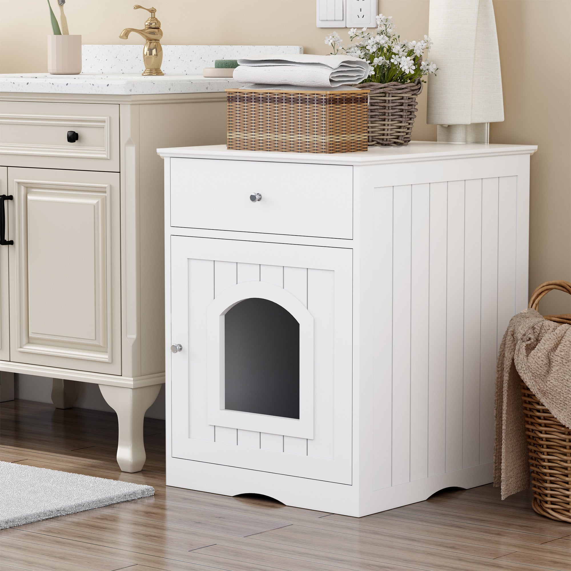 White wooden cat litter box enclosure with front door opening and side drawer