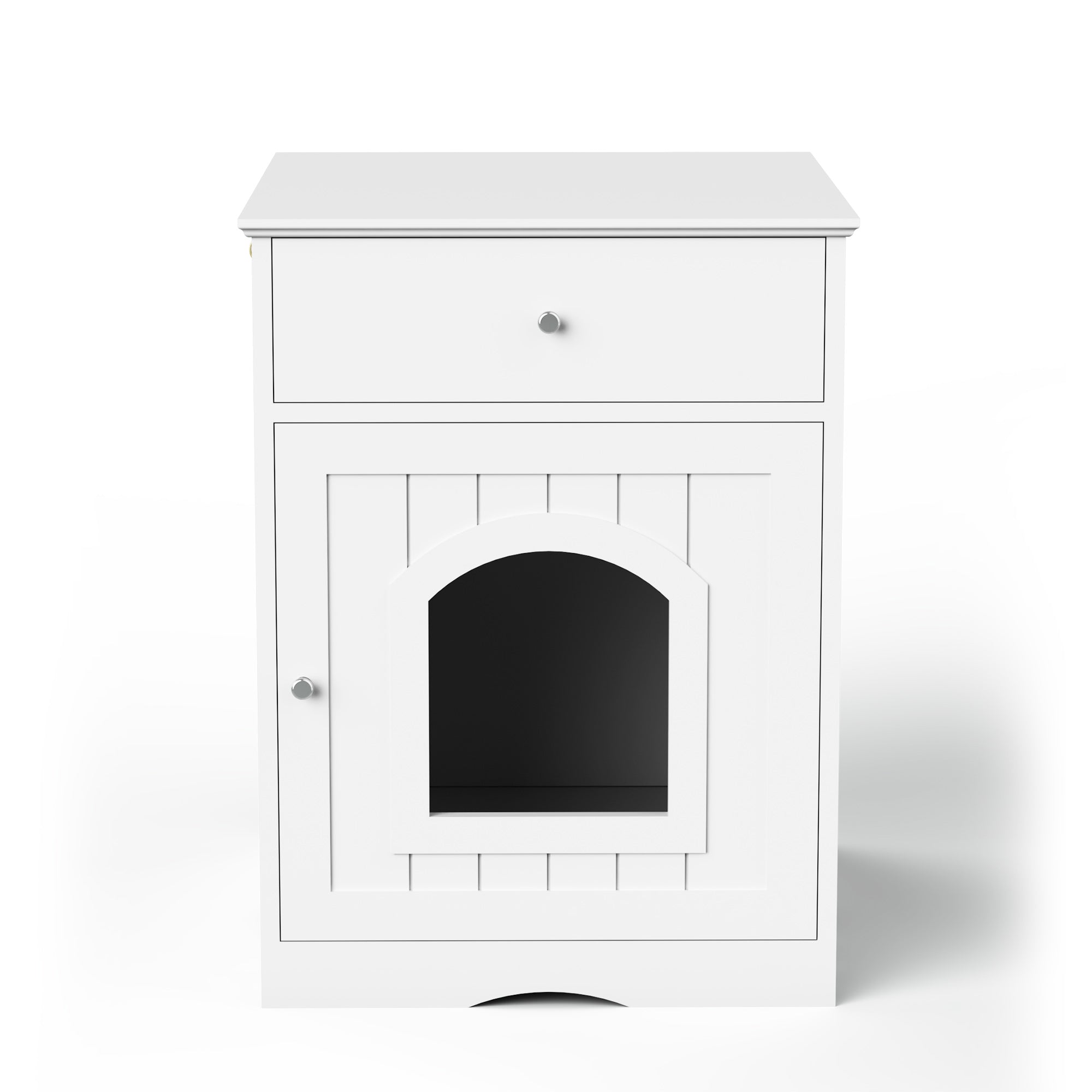White wooden litter box enclosure with arched front door opening and top drawer