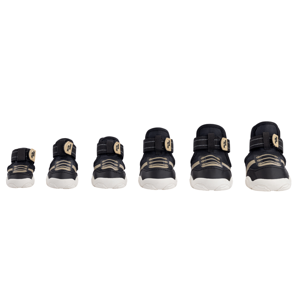 Set of black dog sneakers with beige side stripe and hook-and-loop strap