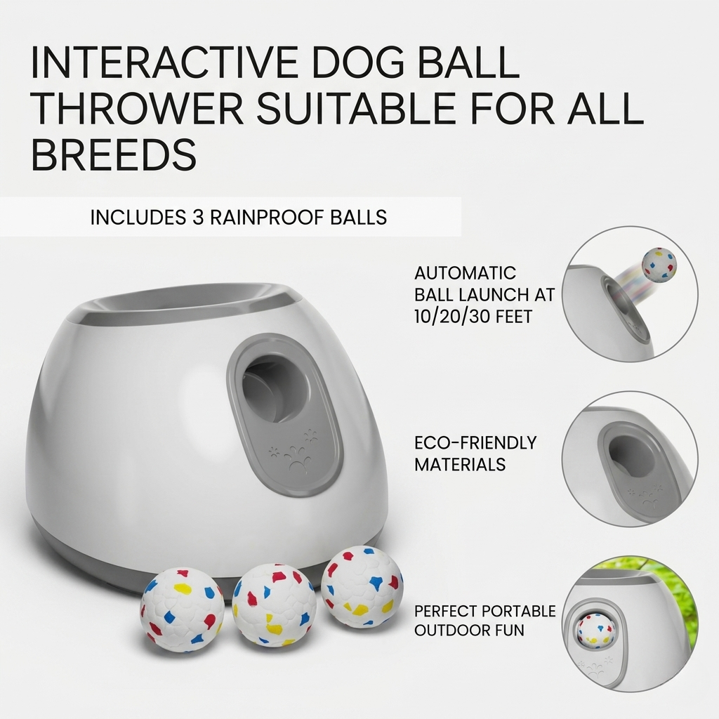 Automatic dog ball launcher product layout with three included balls and launcher close-up