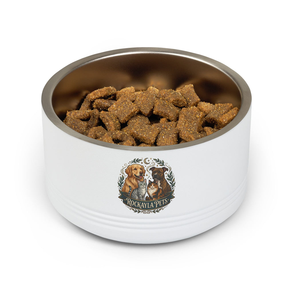 White 18oz pet bowl filled with brown kibble; stainless steel interior, Rockayla Pets logo.