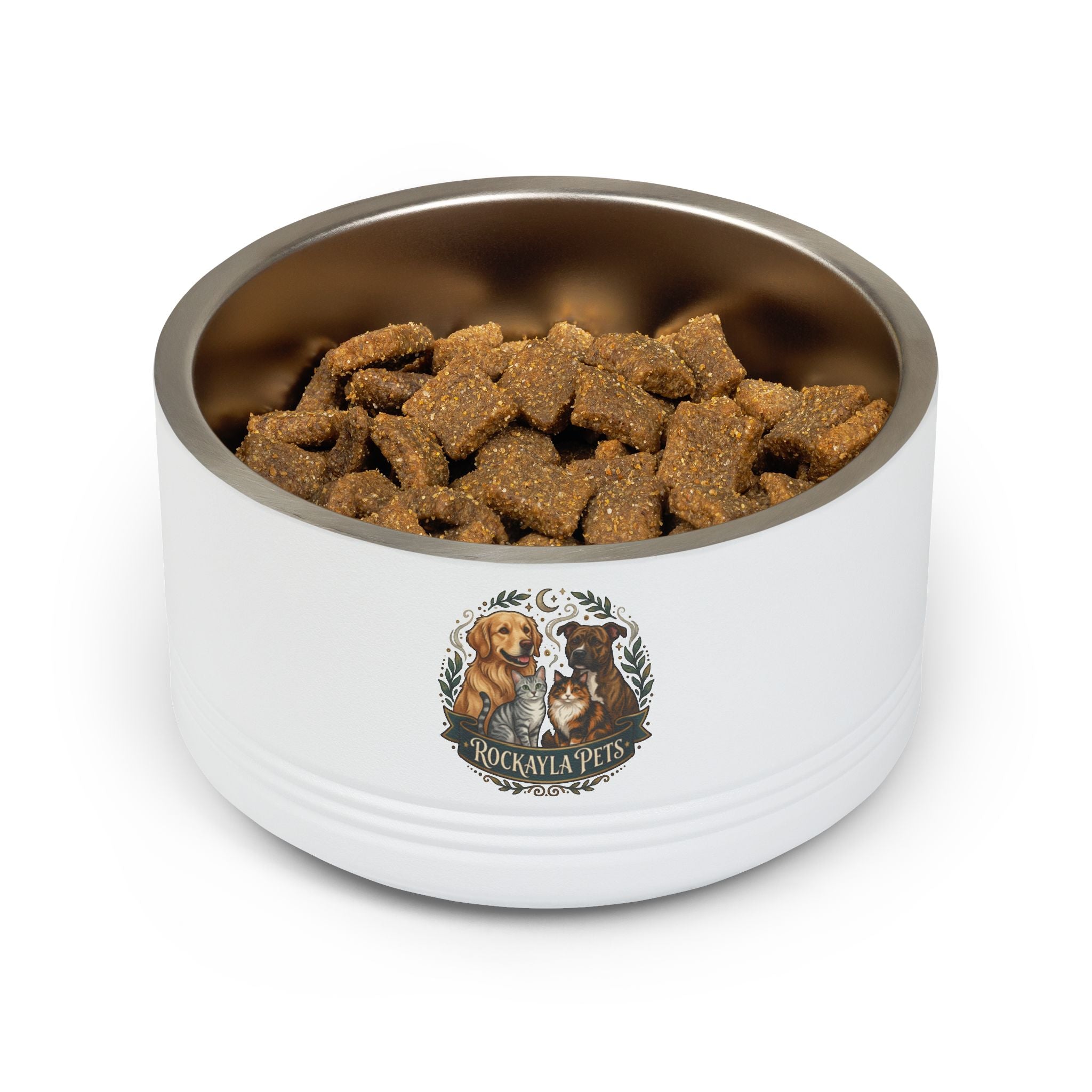 White 18oz pet bowl filled with brown kibble; stainless steel interior, Rockayla Pets logo.
