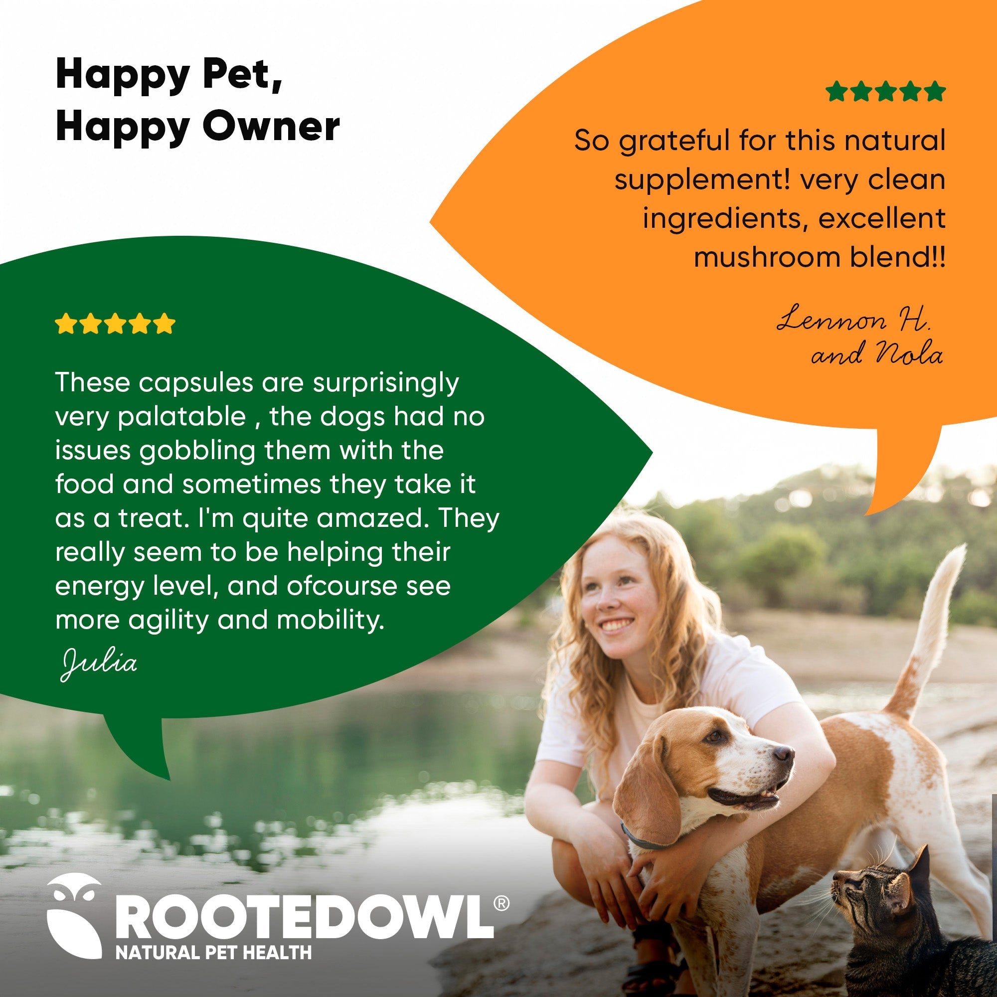 Rooted Owl testimonial graphic with dog and owner holding pet