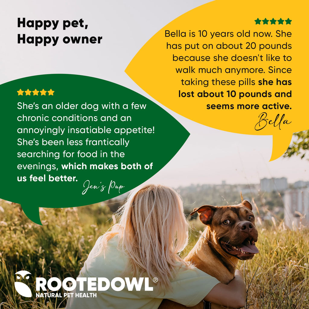 Happy pet and owner testimonial with Rooted Owl branding and a dog outdoors