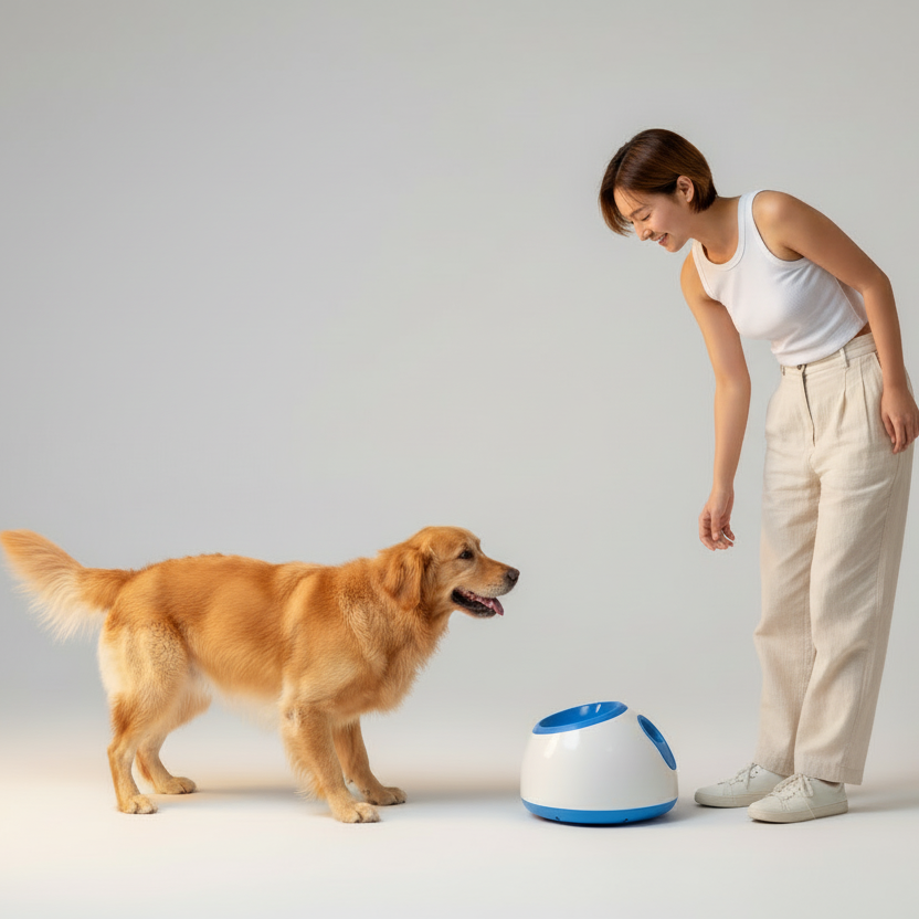 Automatic dog ball launcher, white and blue version, near standing dog and person