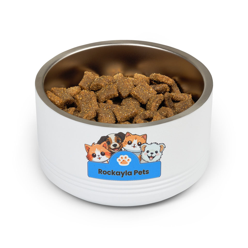 White 18oz pet bowl filled with brown kibble; Rockayla Pets cat graphic on front.