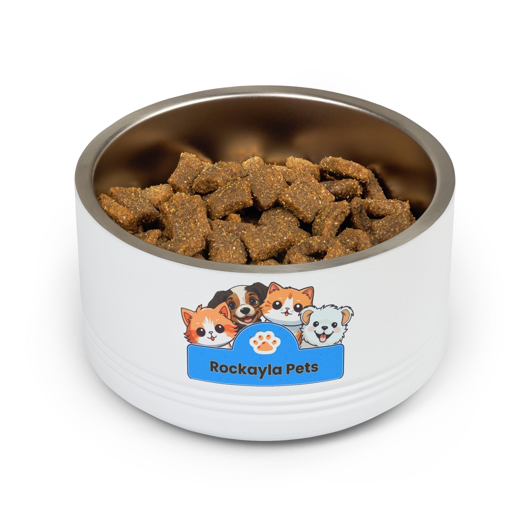 White 18oz pet bowl filled with brown kibble; Rockayla Pets cat graphic on front.