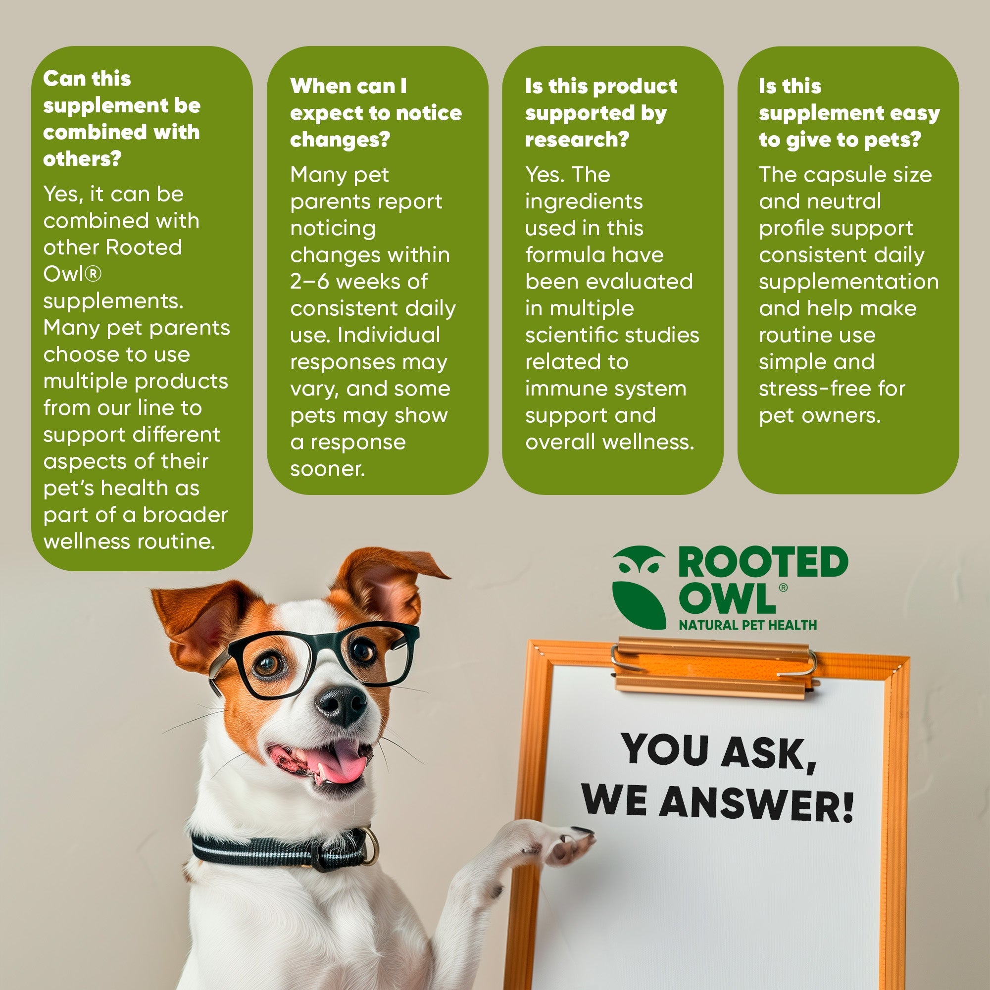 Rooted Owl FAQ infographic with dog and clipboard reading You Ask, We Answer
