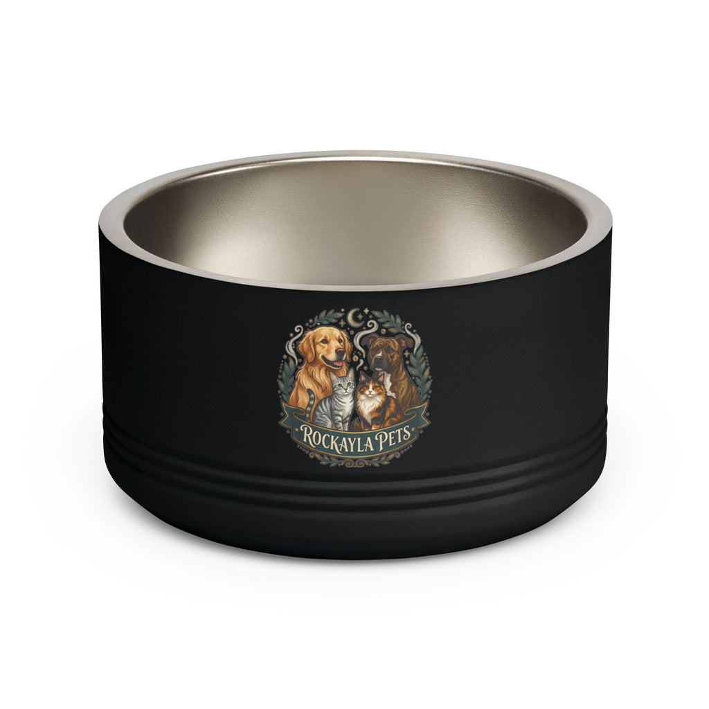 Black 18oz pet bowl with stainless steel interior and Rockayla Pets logo.