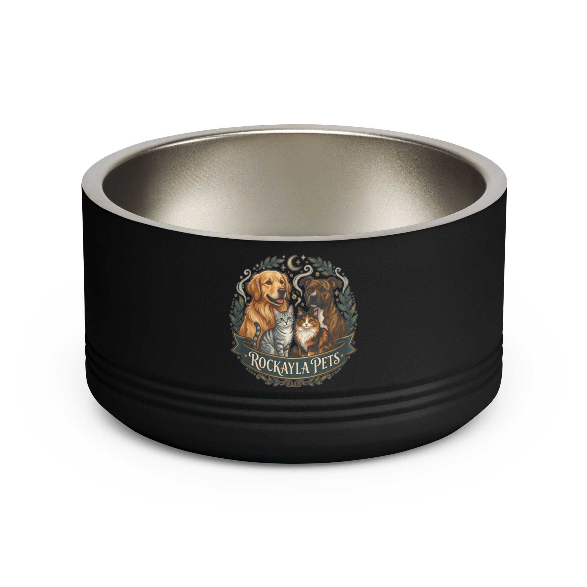 Black 18oz pet bowl with stainless steel interior and Rockayla Pets logo.