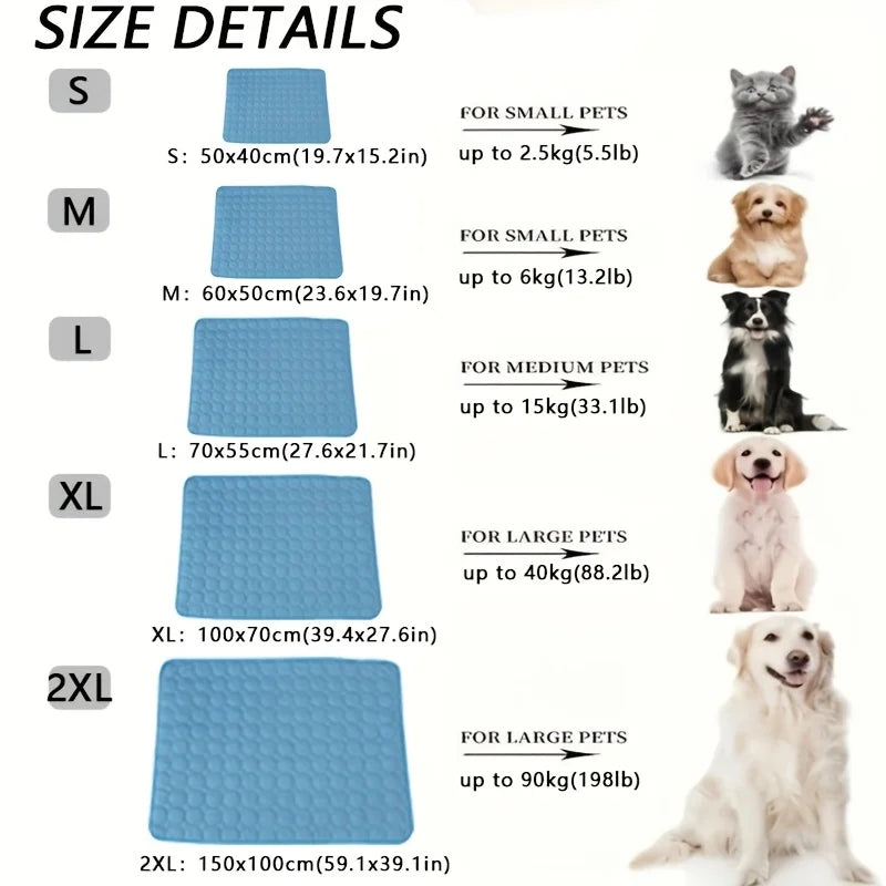Blue dog cooling mat with raised bubble pattern, shown in multiple size options
