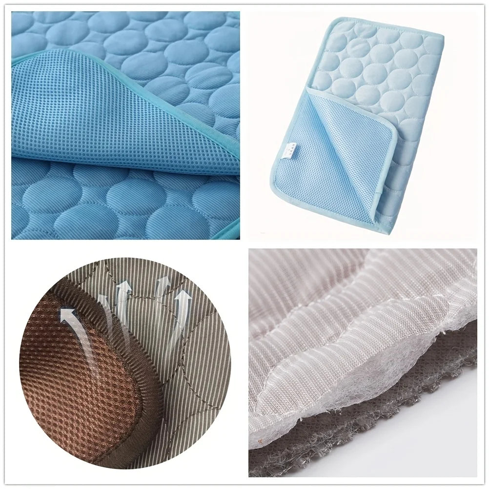 Light blue cooling mat with raised bubble surface and stitched fabric edge