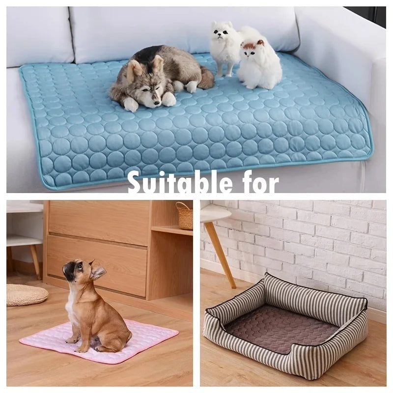 Blue dog cooling mat with quilted bubble pattern, used for resting on a couch