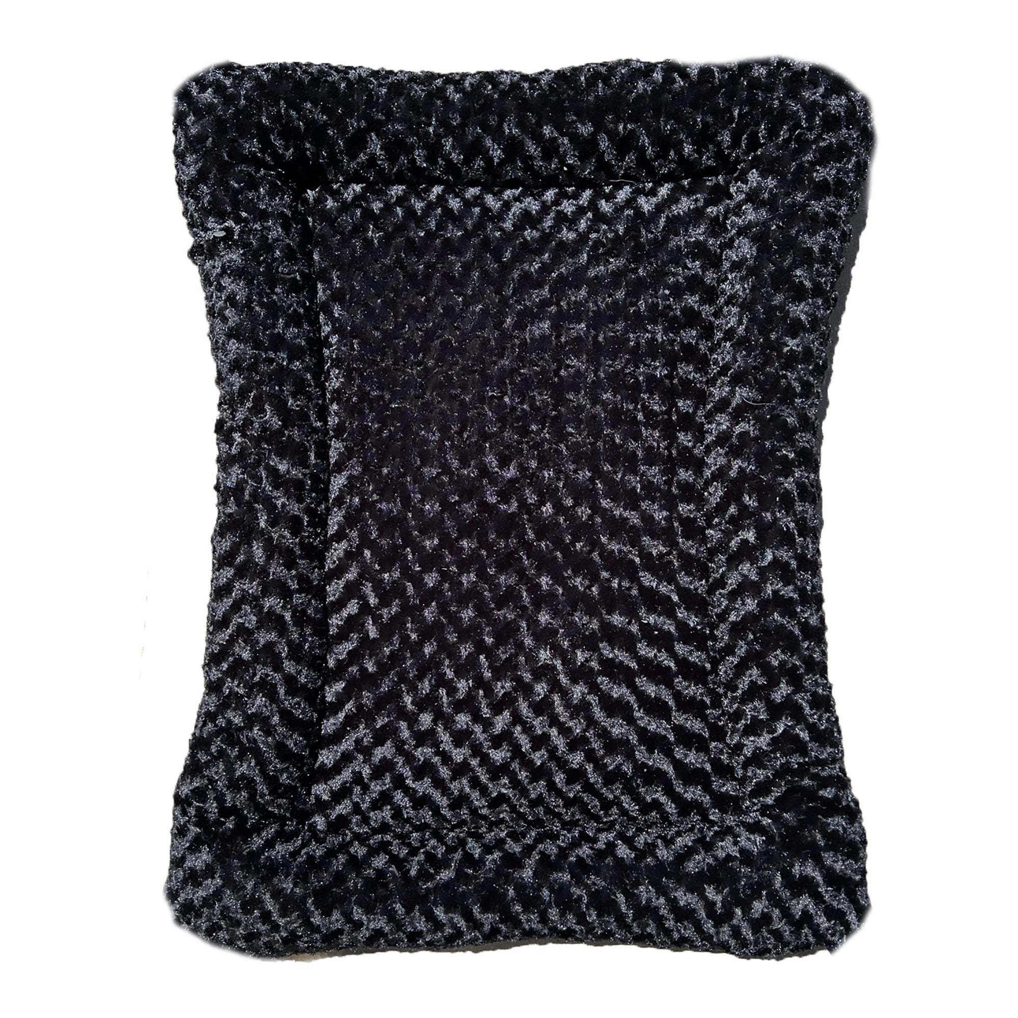 Black rectangular dog bed with thick bolstered sides and cloud-like faux fur cover