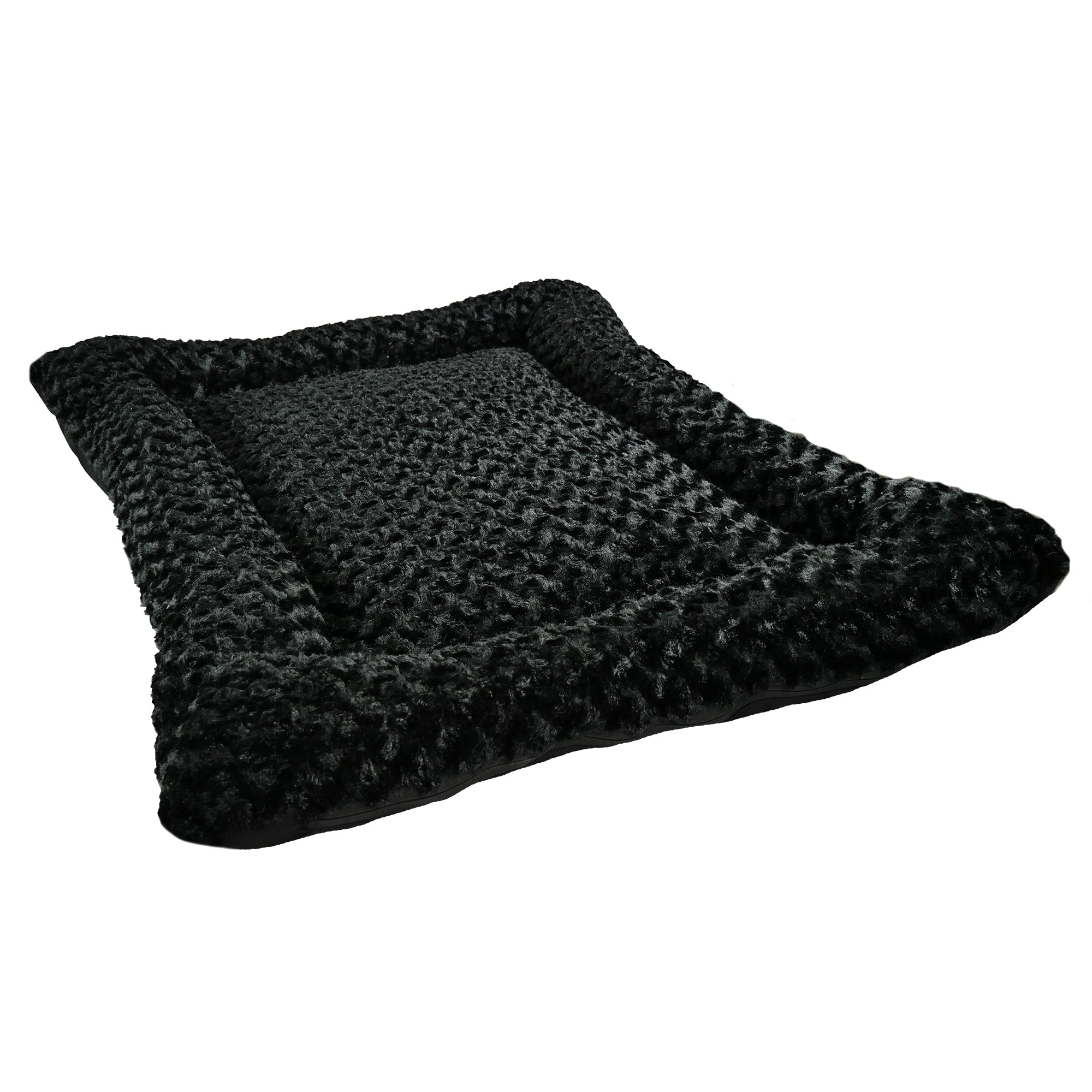 Black rectangular dog bed with bolstered sides and cloud-like faux fur cover