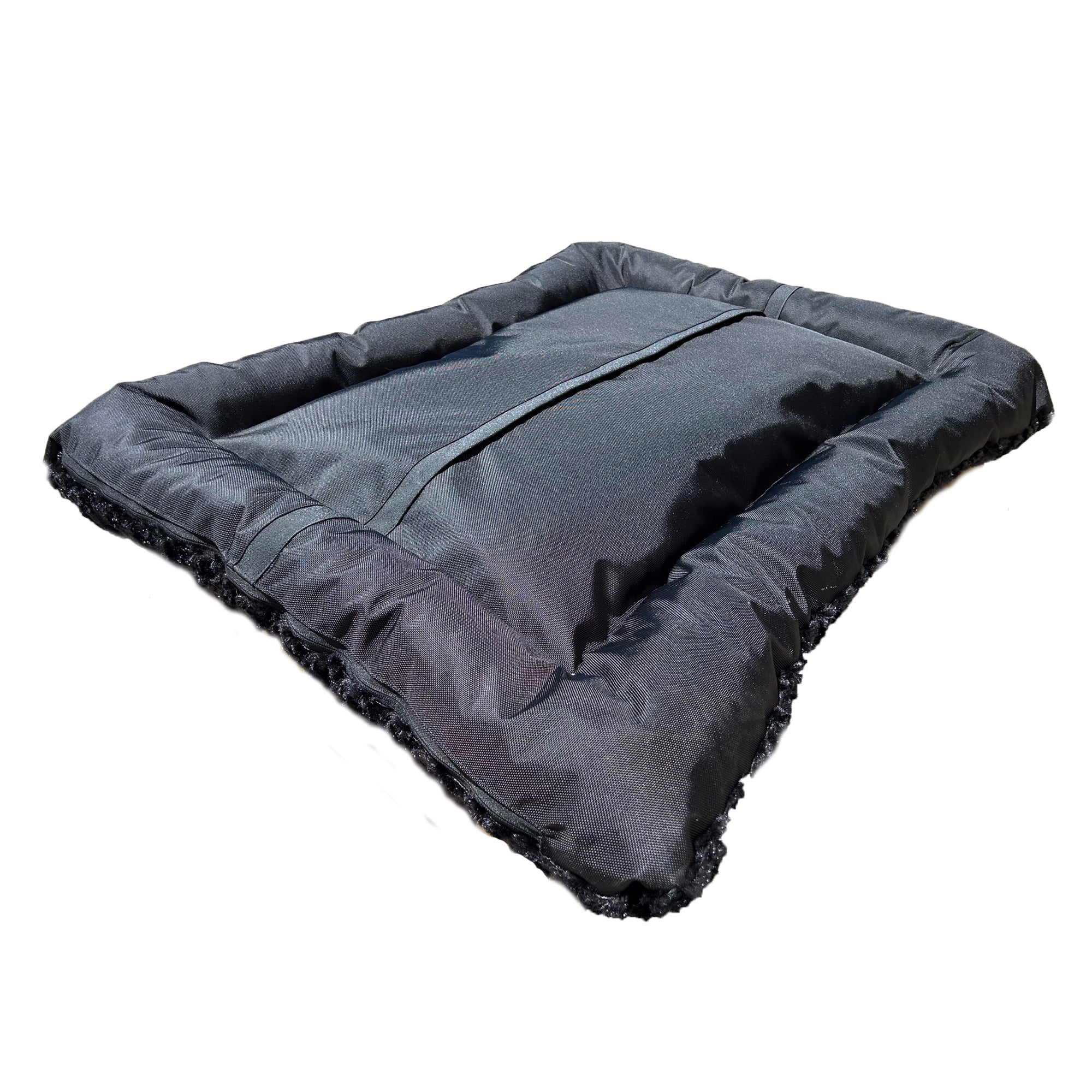 Charcoal rectangular dog bed with cushioned bolsters and smooth fabric cover