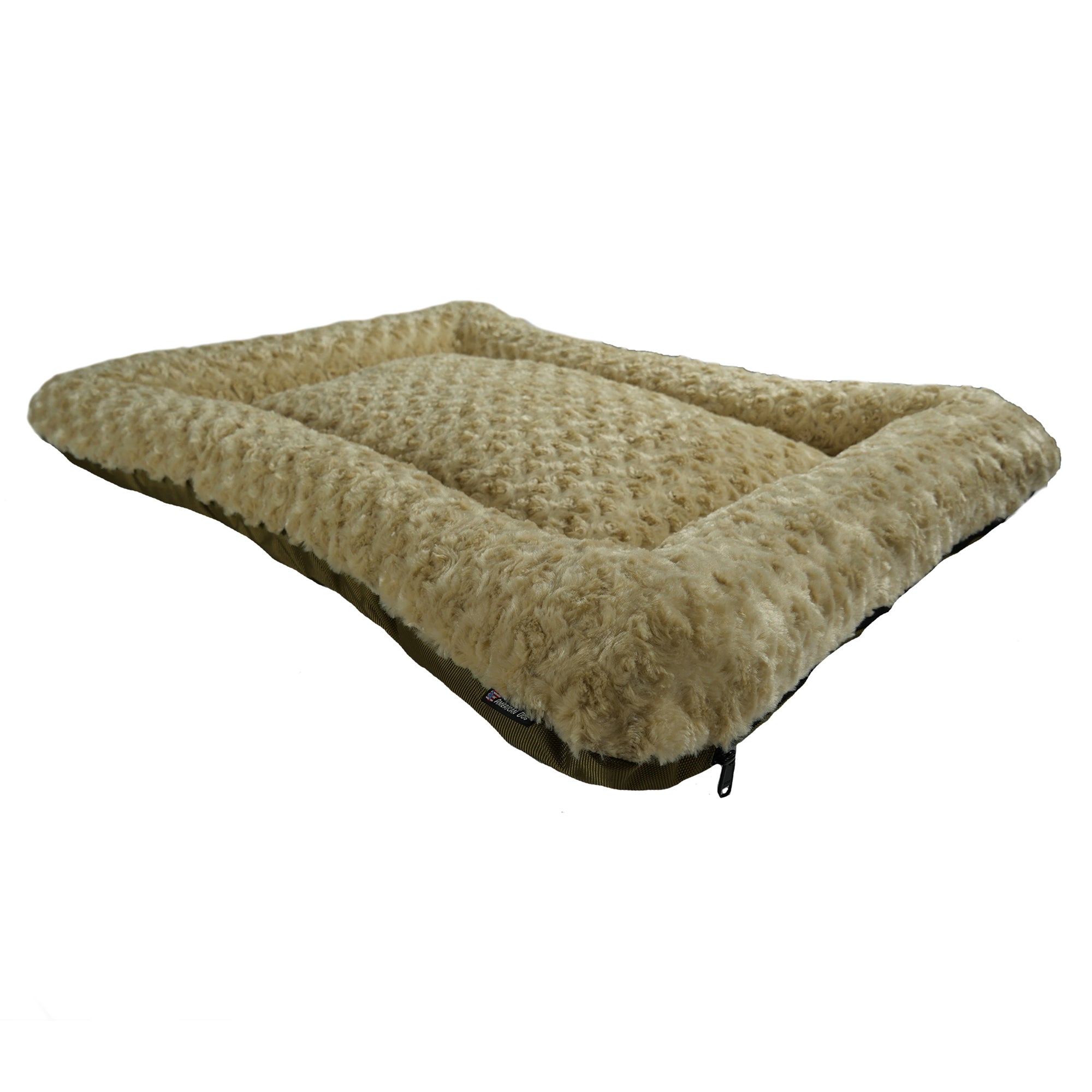 Rectangle bolstered dog bed in light tan shaggy faux fur with padded side bolsters